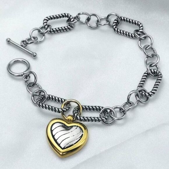 SALE Mixed Metal Silver and Gold Cable Heart Chain Bracelet - Picture 1 of 4